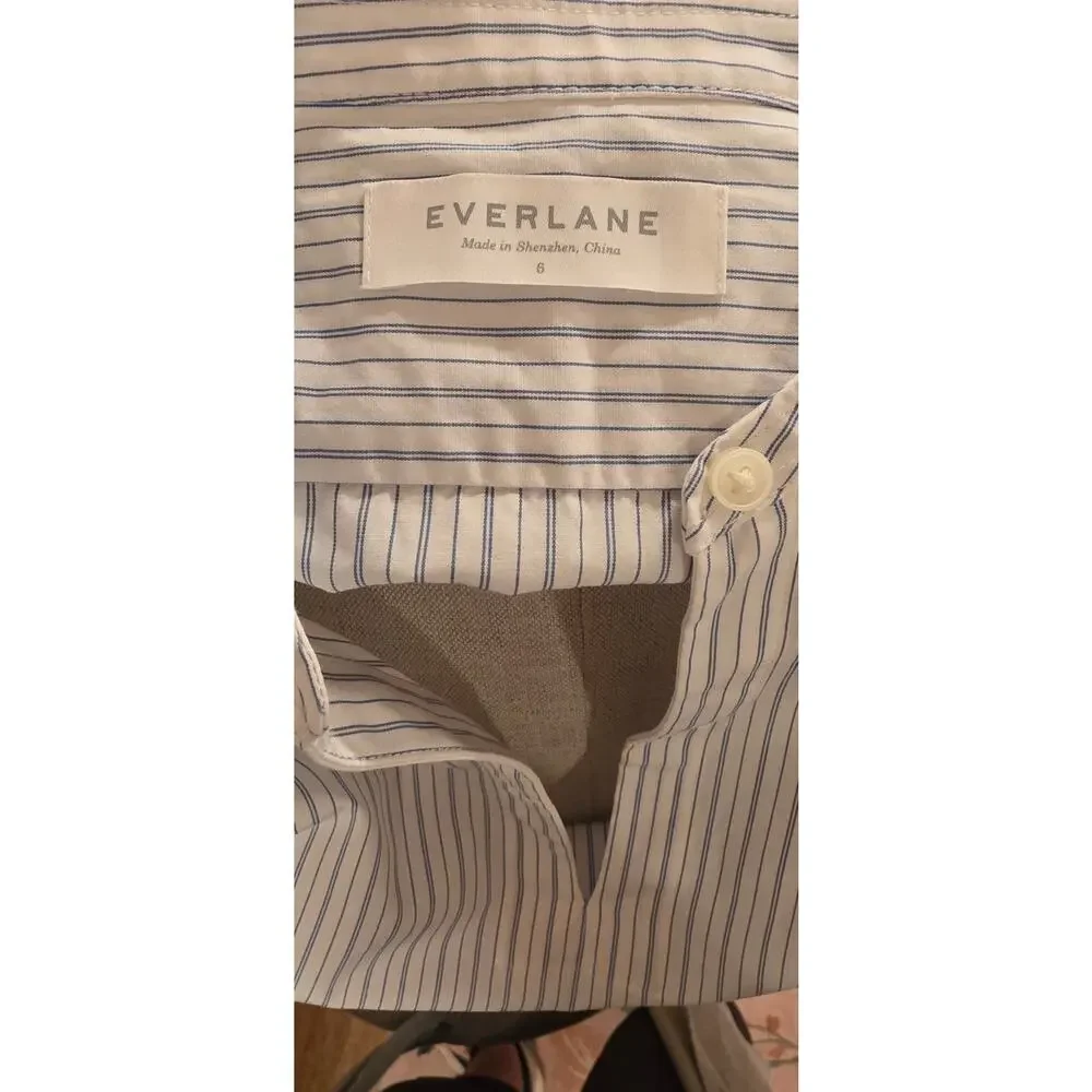 Everlane Popover Notch Collar Blue & White Stripe 3/4 sleeve Size 6 NWOT